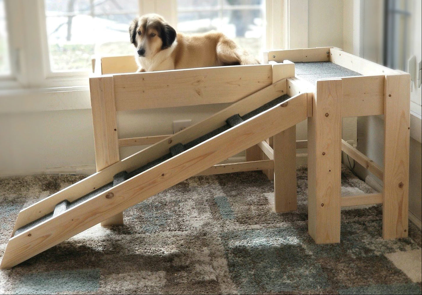 "Archer" Unfinished Dog Bed Platform Switchback with Front Ramp for Your Dog Bed